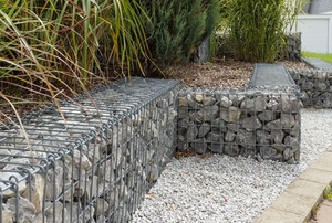 stone wall contained in metal mesh material