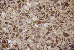 Looking closely at the mottled surface of terrazzo style flooring.