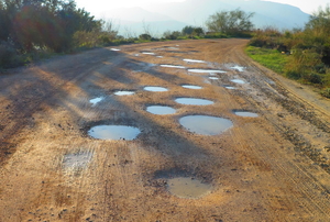 A dirt road with several potholes filled with water.