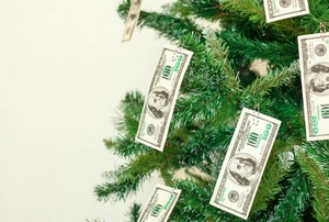 A Christmas tree decorated in cash.