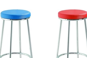 two padded bar stools, one red and one blue