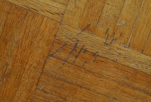 Damaged wood flooring with scratches.