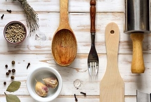 kitchen utensils on a wooden table