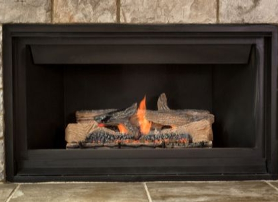 gas fireplace with natural stone surround