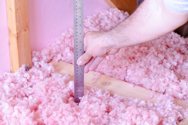 A ruler measuring pink insulation. 