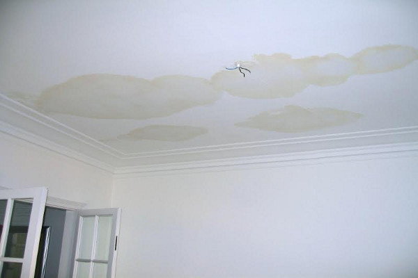 A ceiling in a white room with a water stain. 