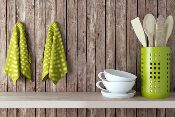 A shelf storing kitchen items. 