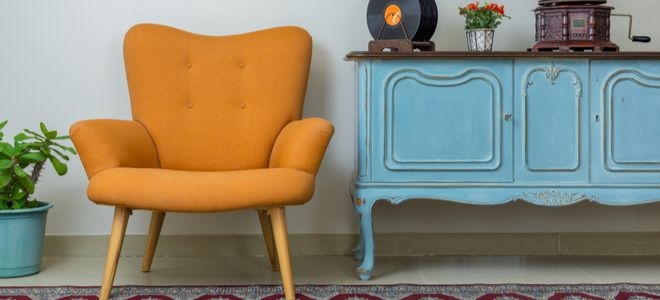 vintage chair and cabinet with record player