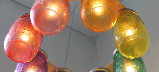 A colorful mason jar chandelier.