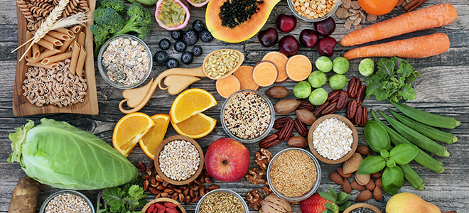 Fruits, nuts, and vegetables on a table