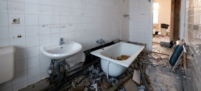 bathroom remodel with tub moved away from wall