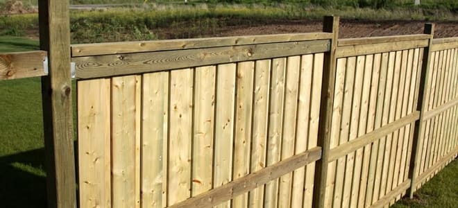 A fence made of pressure treated wood.