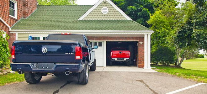 A garage door with panels.