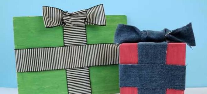 A pair of boxes decorated as presents.