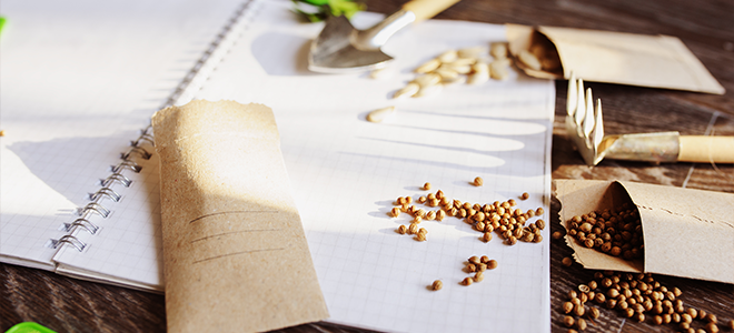 A garden journal with various seeds and gardening tools