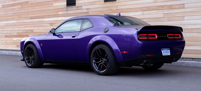 A purple car on the road.