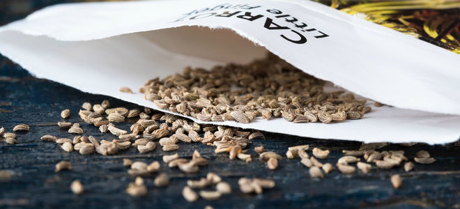 A packet of open seeds spilling out. 