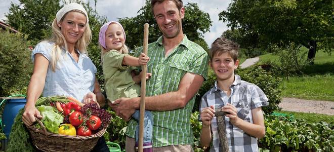 Family in garden holding basket of vegetables