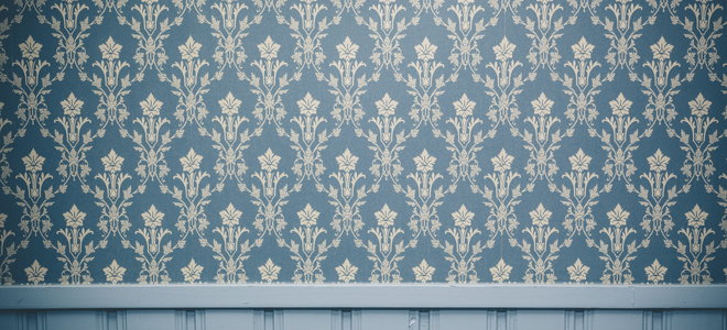 Blue patterned wallpaper.