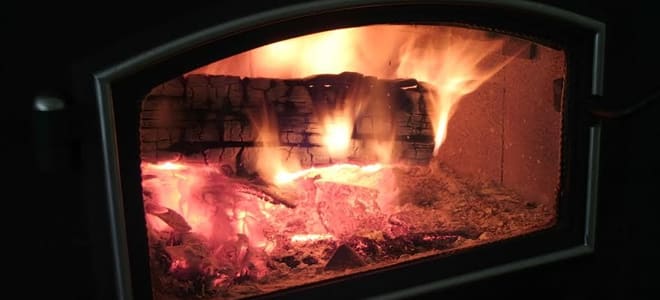A fireplace insert with flames. 