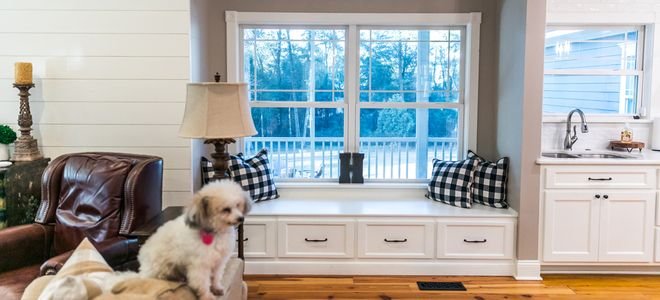 window seat with drawer cabinets and dog