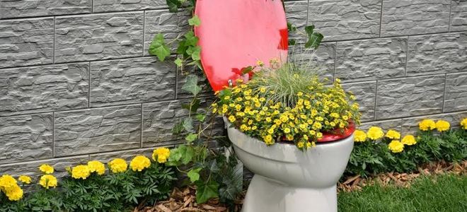 A toilet with flowers in it as part of landscaping.