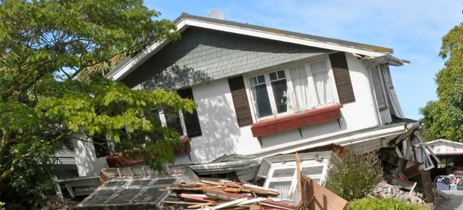 House in Avonside collapses in the largest earthquake Christchurch has ever experienced - 7.1 on the Richter Scale on March 26, 2011 in Christchurch.