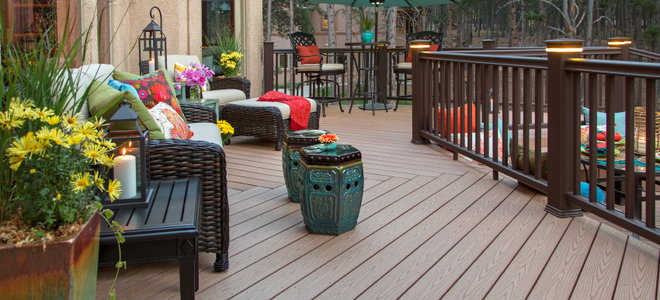 large composite deck with furniture and plants