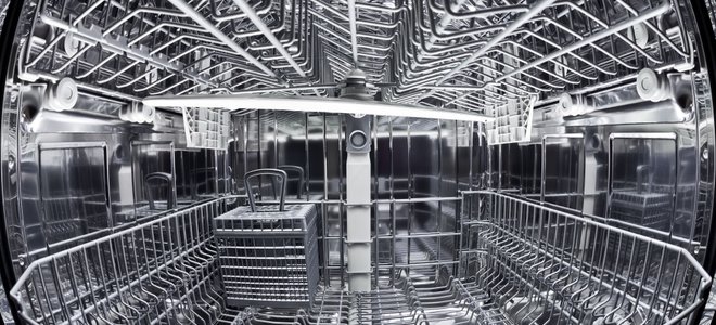 The inside of a dishwasher.