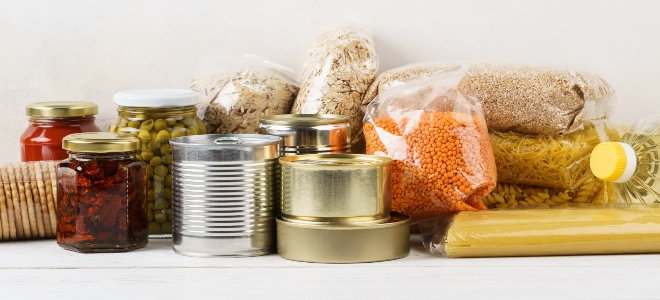 various canned, jarred, and dried food goods