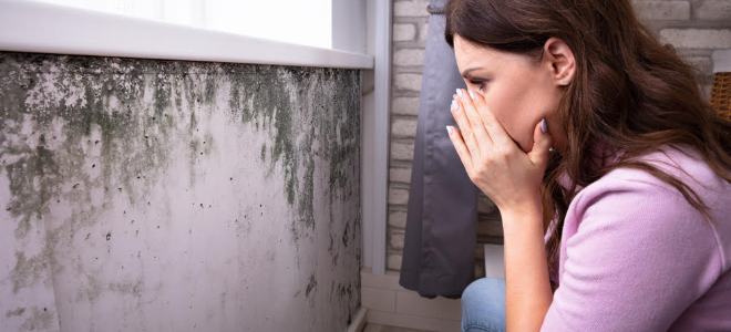 A woman looks at mold on a wall.