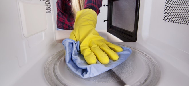 gloved hand cleaning microwave