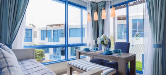 beautiful windows with blue frames