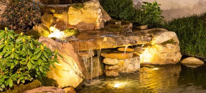 A lit up waterfall feature.