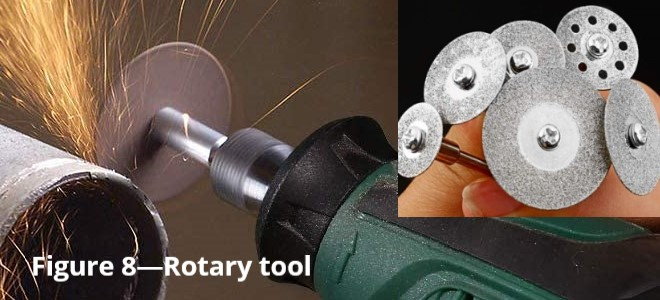 rotary tool cutting a pipe and with various fittings