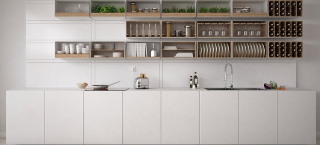 White kitchen with upper open cabinet storage