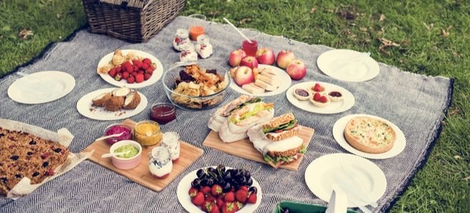 picnic blanket filled with food on plates and cutting boards