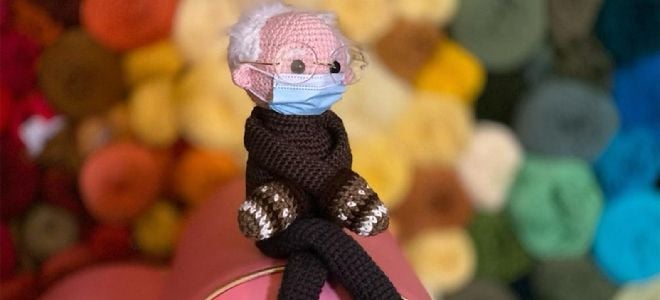 hand knitted Bernie Sanders doll