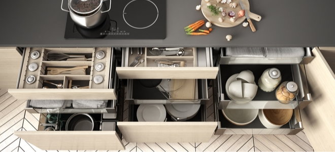 pullout kitchen storage with cutlery and dishware