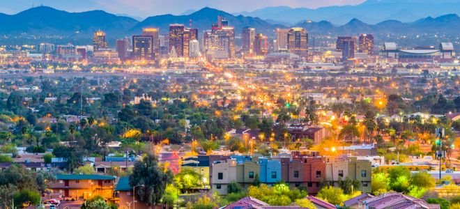 colorful buildings in Phoenix, Arizona at night