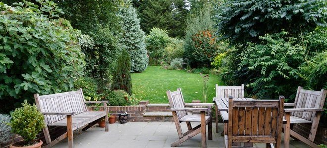 A wood patio furniture set