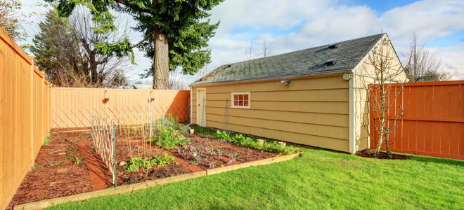 A backyard garden next to a shed. 