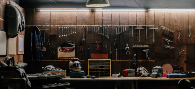 workshop wall with tools