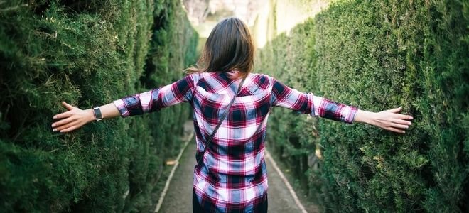 woman in a row of hedges