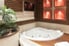 bathroom with jacuzzi tub, fern plant, and red tile