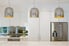 Three modern pendant lights in a contemporary style kitchen.