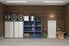 Organized garage with shelving and cabinets