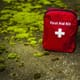 A red first aid kit against a mossy brick.