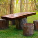A picnic table and chairs made from logs.
