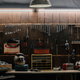 workshop with wall of tools and lights